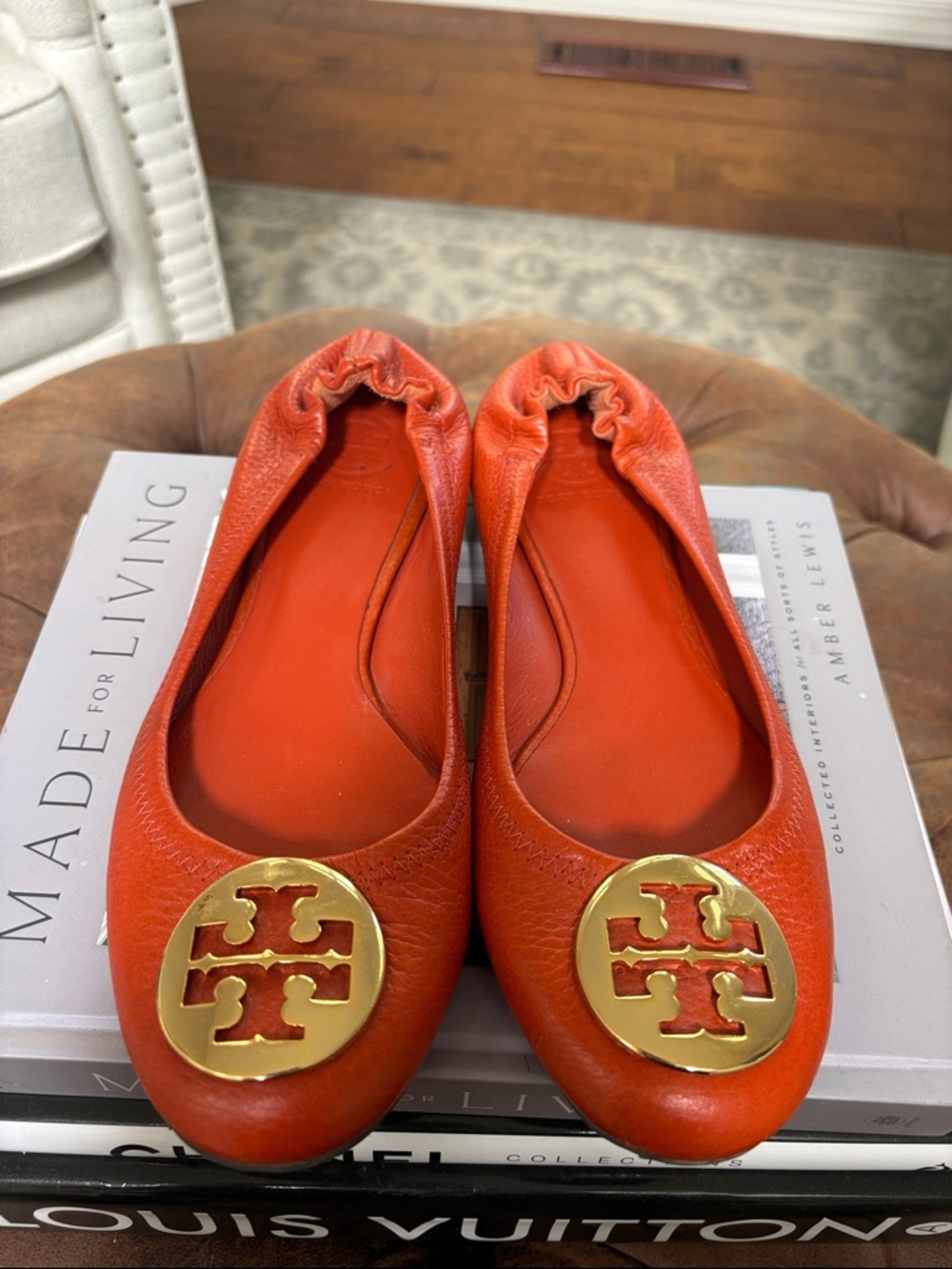 Tory Burch Bright Orange Leather Logo Ballet Flats